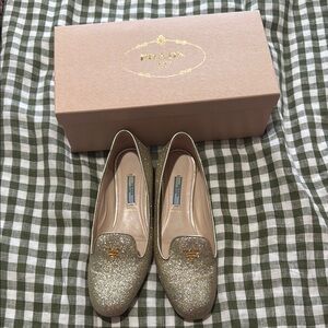 Prada Gold Glitter Loafers